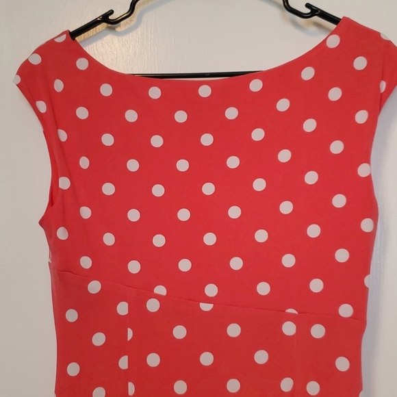 Coral Pink Polka-dot Faux Wrap Midi Dress - Picture 5 of 6